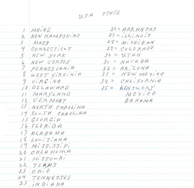 My grandmother's handwritten list of all the US states she and my grandfather visited